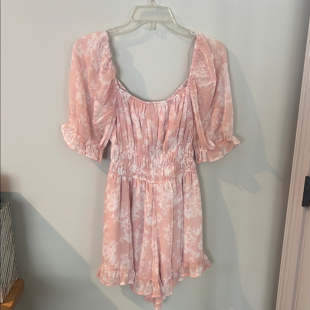 Pink Floral Romper with Puff Sleeves